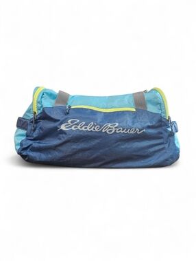 Eddie Bauer Rippac Stowaway 40L Aqua & Blue Logo Nylon Duffel with Lime Trim